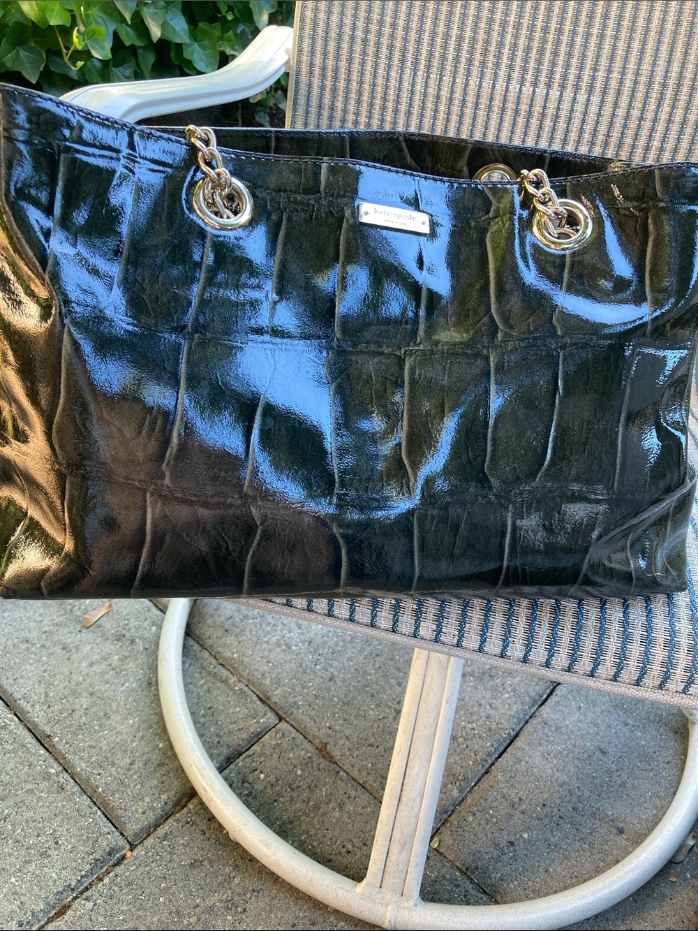kate spade Black Patent Croc-Embossed Tote with Gold Chain Handles